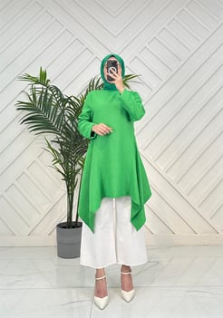 4134 L10+Keten kumaş diz üstü tunik yeşil  