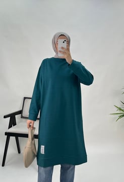 5652-iki iplik kumaş- armalı uzun tunik-petrol yeşili