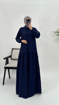 6641-poplin kumaş boydan düğmeli elbise lacivert