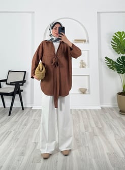 7847-sofia keten kumaş-önden bağlamalı kimono-kahverengi