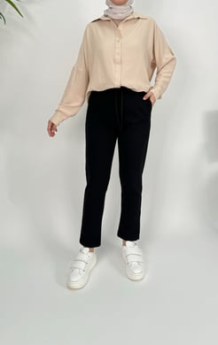5674 Sukuba krep kumaş beli lastikli pantolon siyah