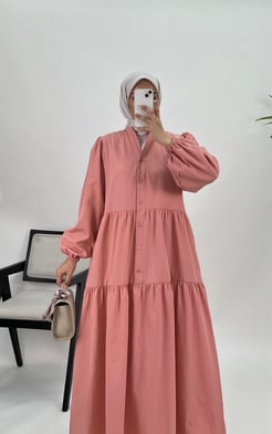 33065-terikoton kumaş-yarım düğmeli v yaka elbise-somon