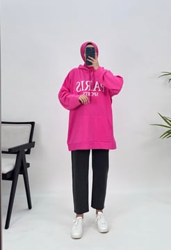 9358 L6 YANI+Parıs Sports Baskılı Kapüşonlu Sweatshirt Pembe