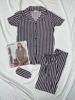 Ç2347 Gömlek Yaka Kısa Kollu Çizgili Pijama Takımı Siyah-Pembe