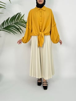 4167-Ayrobin kumaş-önü bağlamalı düğmeli tunik-hardal