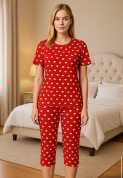 Ç1078 - kısa kollu kapri milan kumaş kalpli pijama takımı - kırmızı 