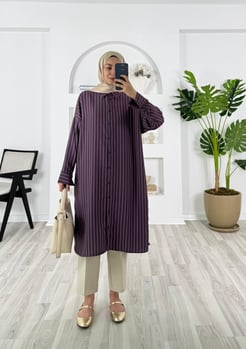 9742-linda kumaş-yanları yırtmaçlı çizgili tunik-mor