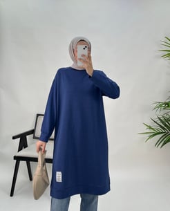 5652-iki iplik kumaş- armalı uzun tunik-mavi