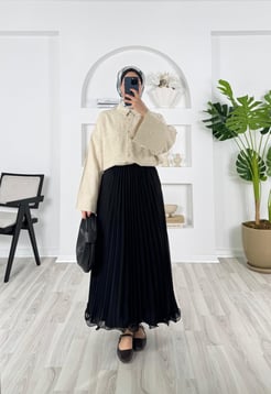 7997-şifon kumaş-misineli beli lastikli astarlı etek-siyah