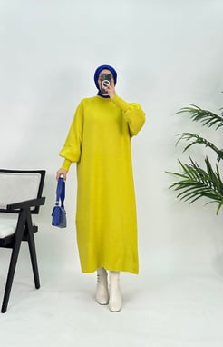 4346  A217+TRİKO KUMAŞ- SADE MODEL ELBİSE-YAĞ YEŞİLİ