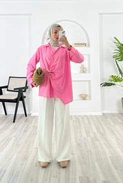 3895-poplin kumaş-gold bronş detaylı kimono-pembe