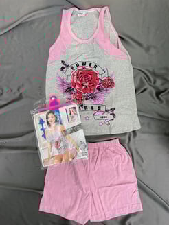 Ç7726 Sıfır Kollu Pijama Takımı Pembe gri