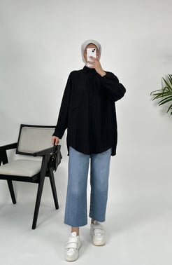 7933-model kumaş-boydan düğmeli cepli tunik-siyah