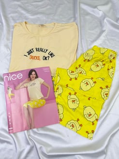 Ç4894-Milan kumaş civcivli kapri pijama takımı-sarı