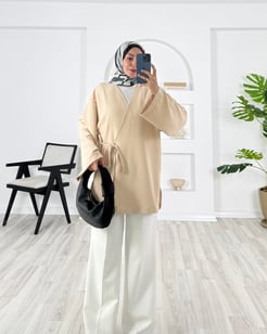 3260-dabıl krep kumaş-yanı yırtmaçlı kimono ceket-taş