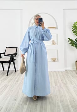 5716-terikoton kumaş-boydan düğmeli kuşaklı elbise-bebe mavisi