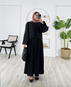 4664-krep kumaş-boydan düğmeli mevlana etekli takım-siyah