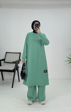 7894 C132+iki iplik kumaş tunik takım su yeşili