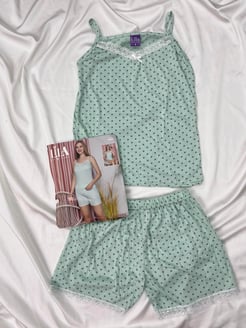 Ç13668 PUANTİYELİ ÖNÜ DANTELLİ İP ASKILI ŞORTLU PİJAMA TAKIMI SU YEŞİLİ