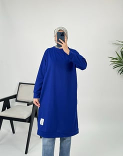 5652-iki iplik kumaş- armalı uzun tunik-indigo mavi