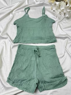 ç89515 - fitilli ip askılı şortlu pijama takımı - su yeşili 
