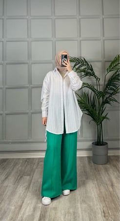 017 D-7 Dabıl kumaş geniş paça beli lastikli pantolon yeşil