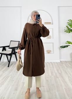 7529-dabıl krep kumaş-kemerli tunik-acı kahve
