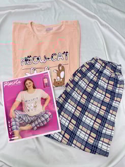 ç3708 - kısa kollu kareli pijama takımı - pudra  