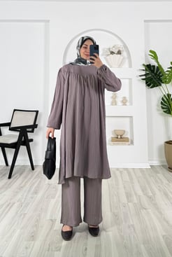 8645-kırınkil kaş kumaş-pantolonlu takım-mürdüm