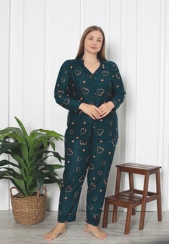 Ç8417 - büyük beden süet kalp desenli pijama takımı - YEŞİL