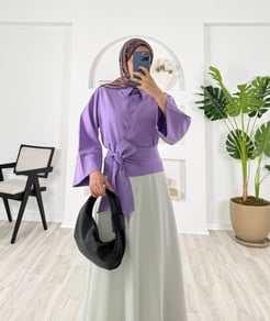 6317-terikoton kumaş-belden bağlamalı etek üstü gömlek-lila