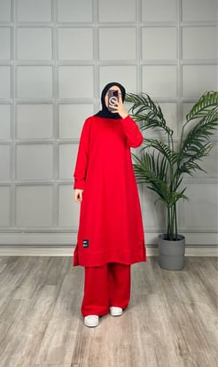 7894-G90-91iki iplik kumaş tunik takım kırmızı