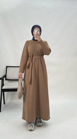 5320-oysho kumaş-kemerli düz model elbise-sütlü kahve 