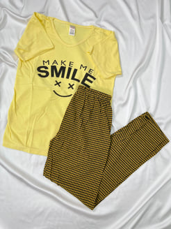 Ç3071 - KISA KOLLU  KARELI SMILE PIJAMA TAKIMI - SARI 