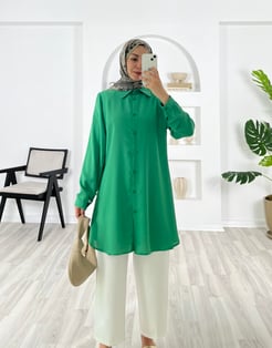 8259-jesika kumaş-düz model tunik-benetton yeşili