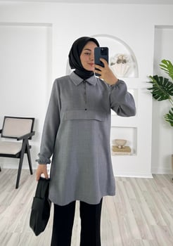 6148-Keten kumaş-yarım fermuarlı tunik-gri