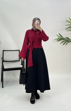 4752-modal kumaş-önden bağlamalı etek üstü gömlek-bordo