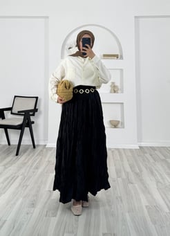 3483-kırışık kumaş-beli lastikli etek-siyah