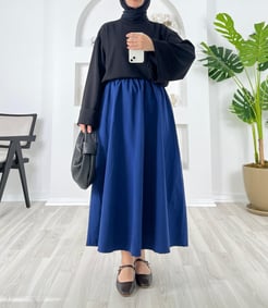 5298-poplin kumaş-beli lastikli cep detaylı etek-lacivert