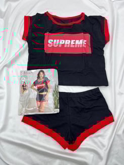 Ç70130 Esnek Şortlu Pijama Takımı Siyah-Kırmızı