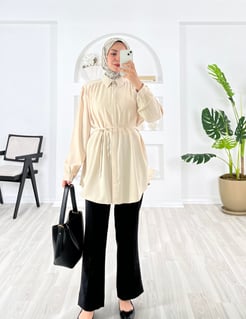 6647-dubai kumaş-gizli düğmeli kemerli tunik-taş