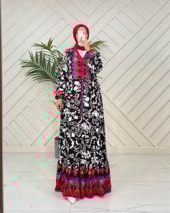 98745 J79+V yaka pamuk viskon kumaş desenli elbise - siyah - kırmızı