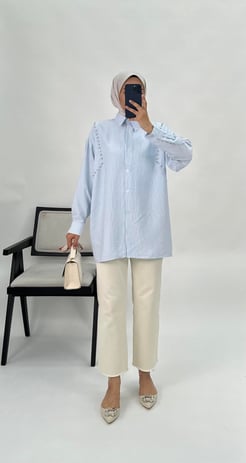 2154-poplin kumaş yan kısımları taş detaylı tunik bebe mavi