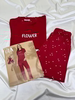 ç14386 - kısa kollu flower pijama takımı - kırmızı  
