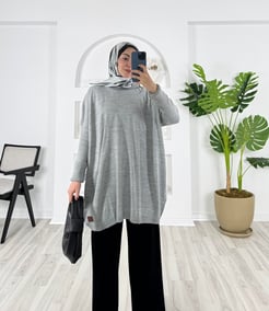 7586-armalı ince triko tunik-gri