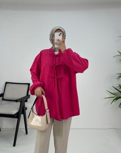 8631-kırışık kumaş-bilek ucu büzgülü önden bağlamalı kimono-fuşya