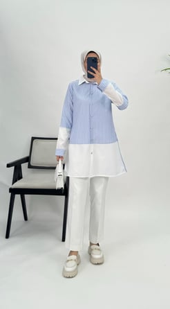 6172-poplin kumaş-çizgili düğmeli tunik-bebe mavi