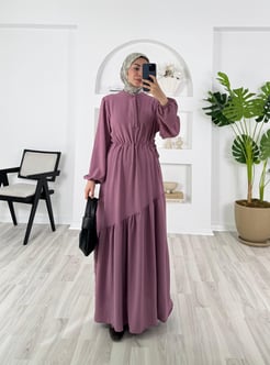 910469 E4+Ayrobin kumaş gizli düğmeli beli lastikli çarpraz katlı etekli elbise -gül kurusu