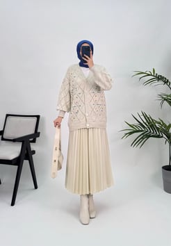 2862 A228+Baklava Desenli Çiçekli Triko Hırka Taş