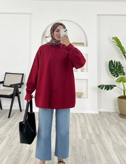 7269-terikoton kumaş-bilek ucu bağlama detaylı gömlek-bordo